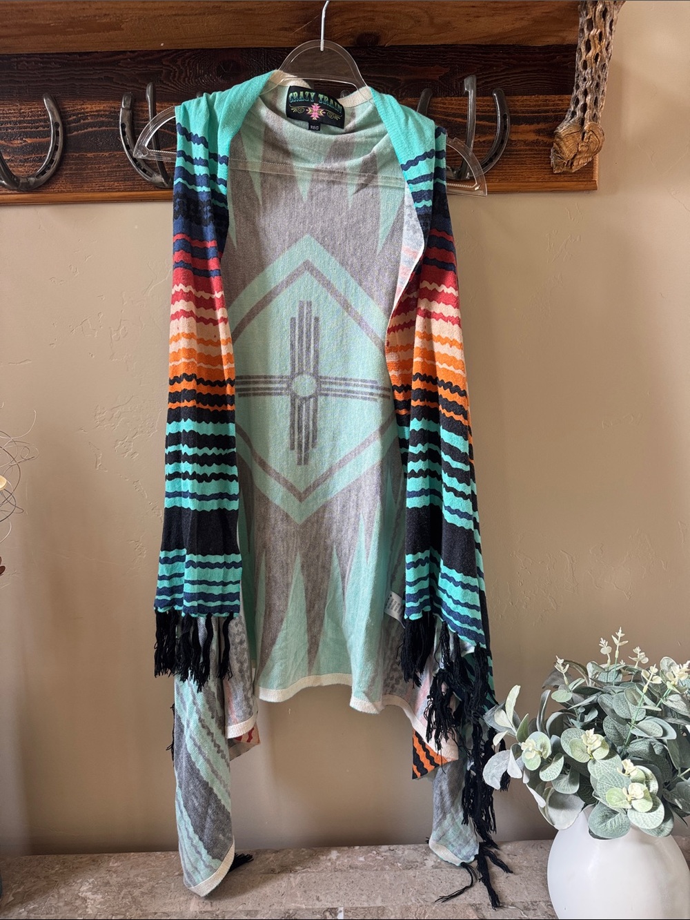 Crazy Train Multicolor Hooded Fringe Cardigan - Turquoise, Coral, Orange & Black